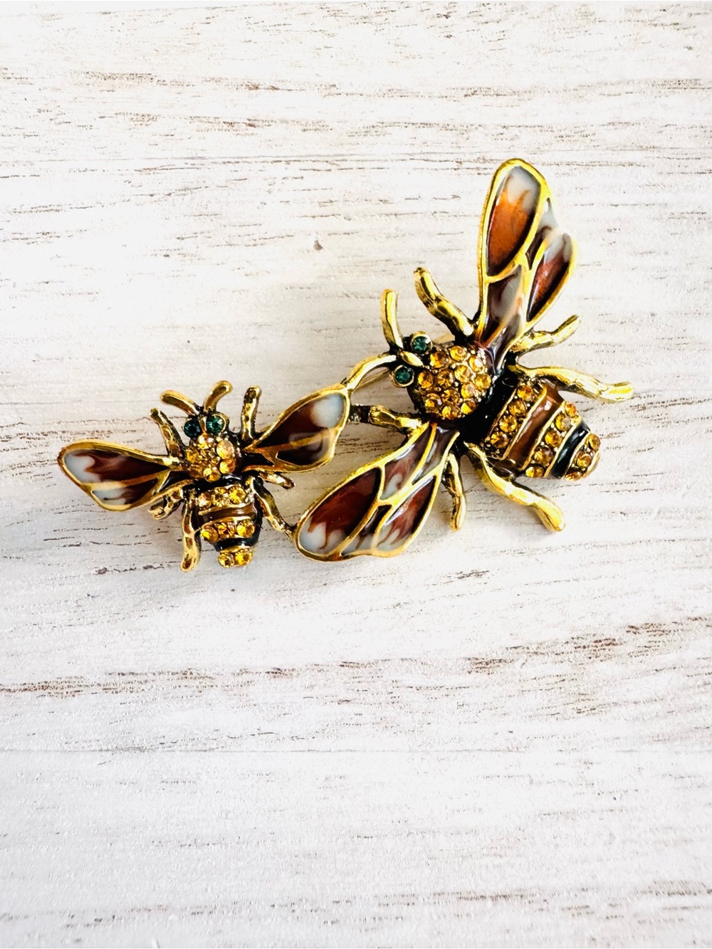 Gold-Tone Bee Brooch with Amber and Green Accents 2.5” long